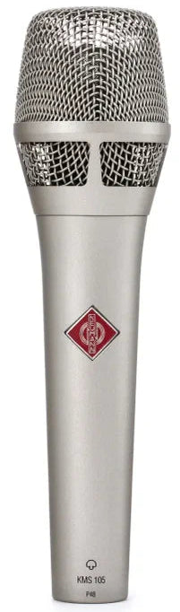 Neumann KMS 105 condenser microphone with black body and silver grille for professional vocal recording.