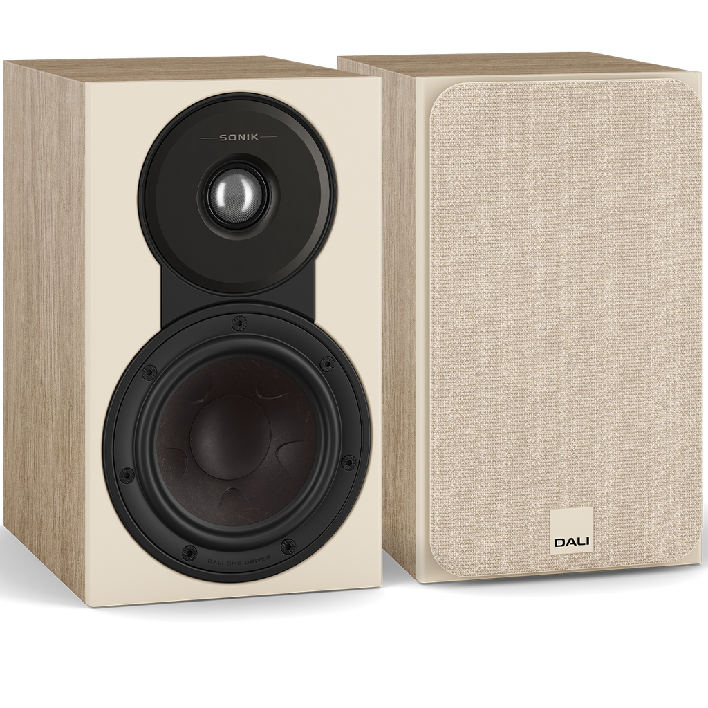DALI Sonik 1 passive bookshelf speakers with black finish, compact design, and dual drivers for high-quality stereo sound.