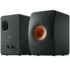 KEF LS50 Meta passive bookshelf speakers showing black cabinets and sleek front grilles for high-quality sound.