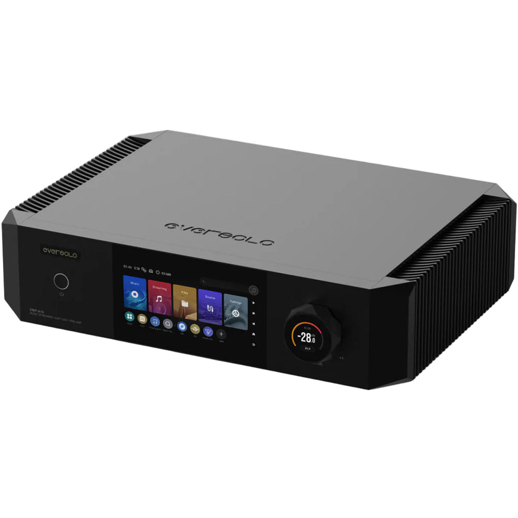 Eversolo EverSolo DMP-A10 music streamer front angle view showing sleek black design and connection ports.