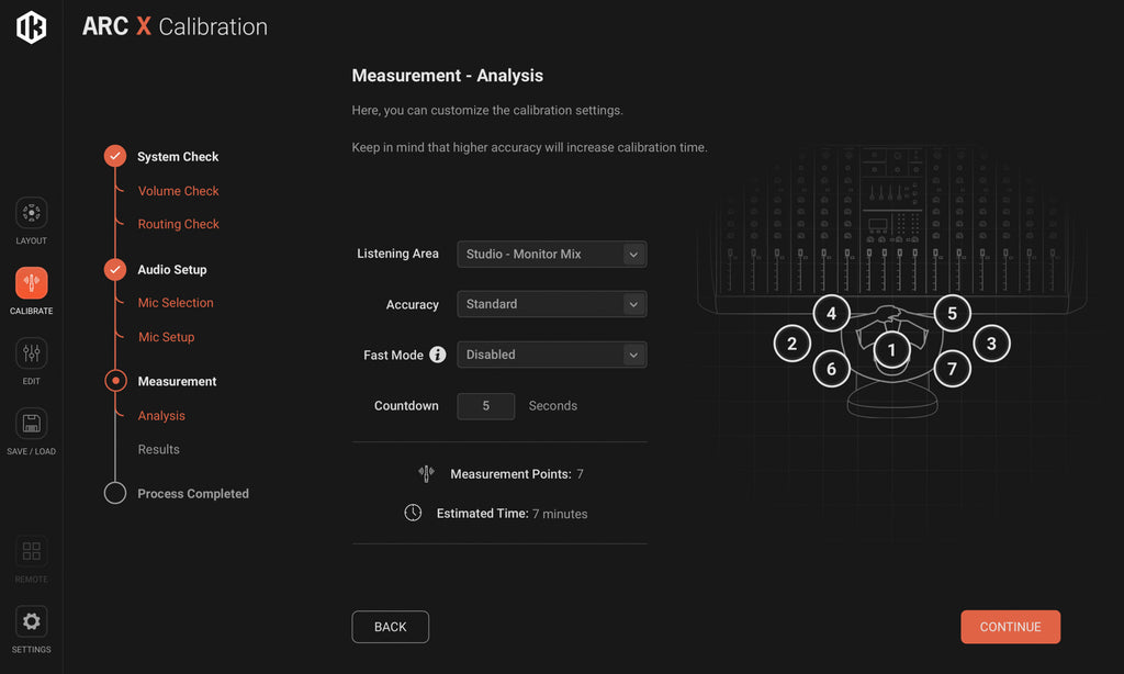 IK Multimedia ARC X virtual plugin processor calibration interface showing signal calibration and adjustment controls.