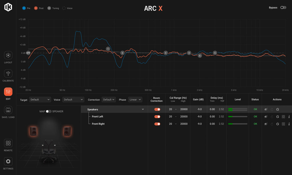 IK Multimedia ARC X virtual processor plugin interface showing audio calibration controls and real-time audio processing features.