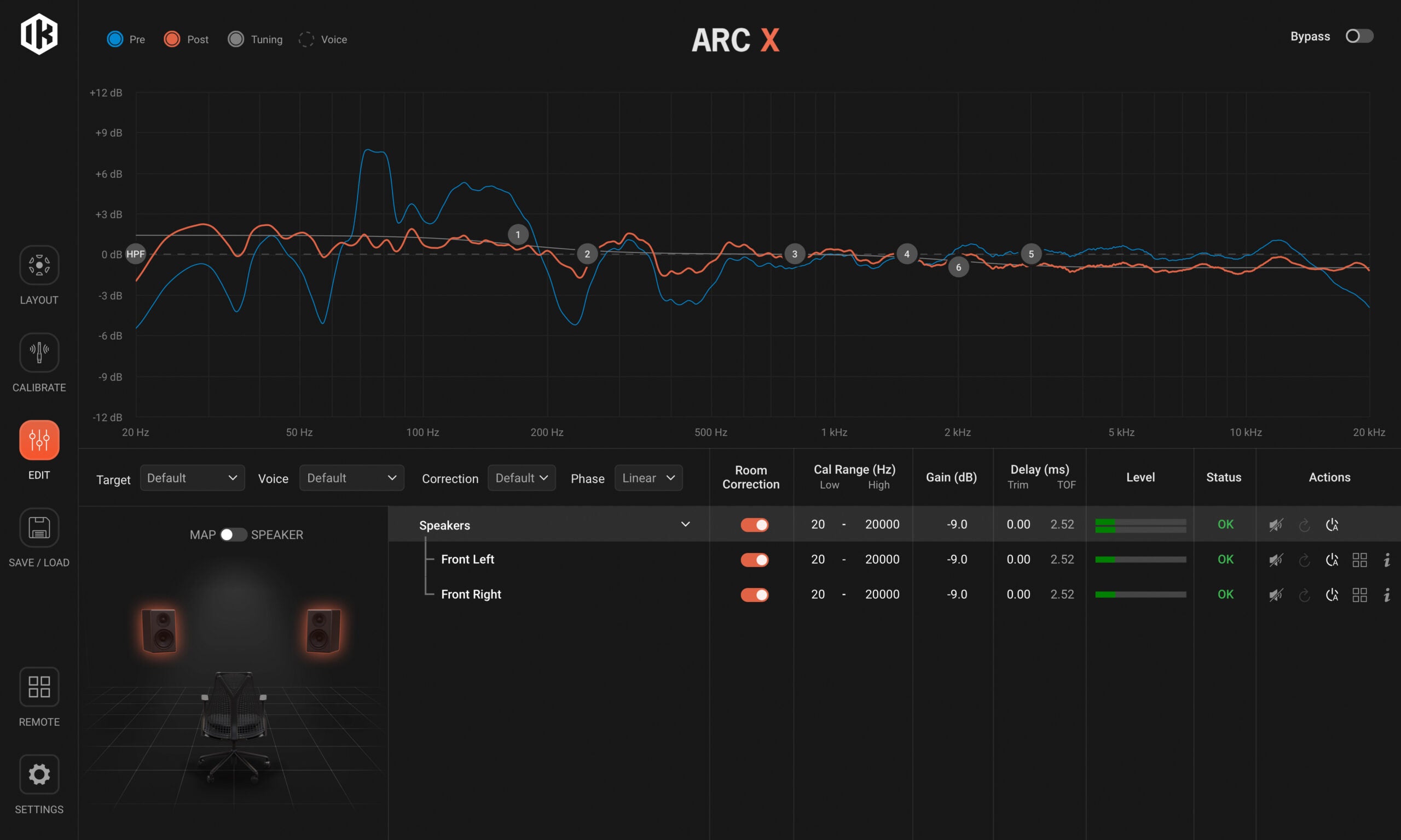 IK Multimedia ARC X virtual processor plugin interface showing audio calibration controls and real-time audio processing features.