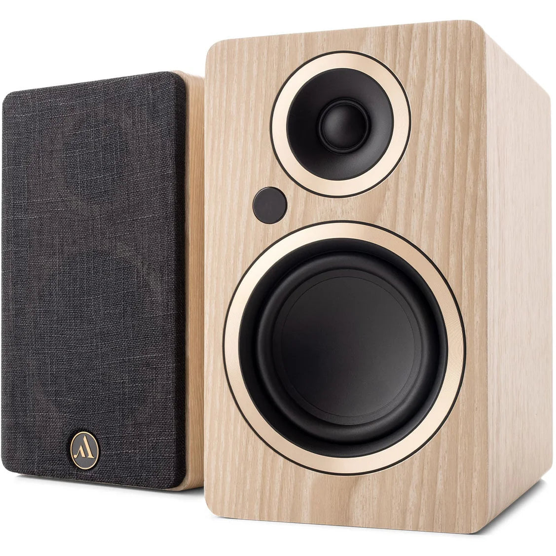 Argon Audio Fenris A4 active bookshelf speakers with black finish and sleek design, placed on a wooden surface.