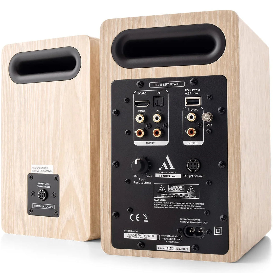 Argon Audio Fenris A4 active bookshelf speakers with black finish and sleek design, shown from a front angle.