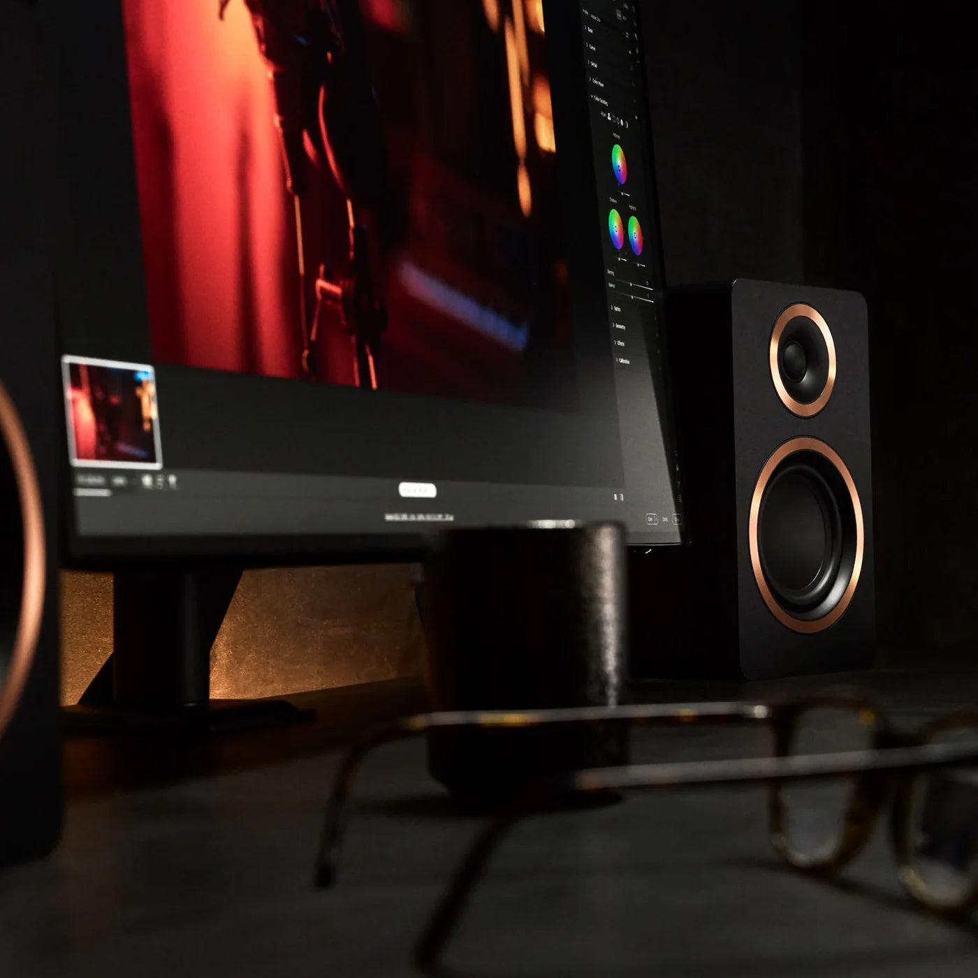 Argon Audio Fenris A4 active bookshelf speakers with black finish, featuring front-facing drivers and sleek design.