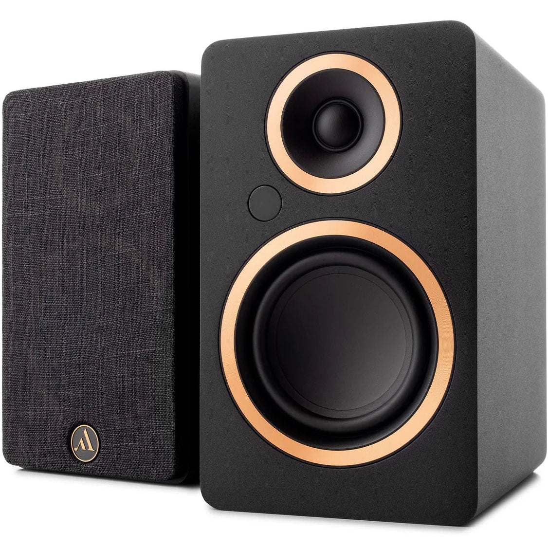 Argon Audio Fenris A4 active bookshelf speakers with black finish, featuring sleek design and dual drivers for high-quality sound.