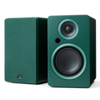 Argon Audio Fenris A4 active bookshelf speakers in Pine Green finish, front view with drivers.