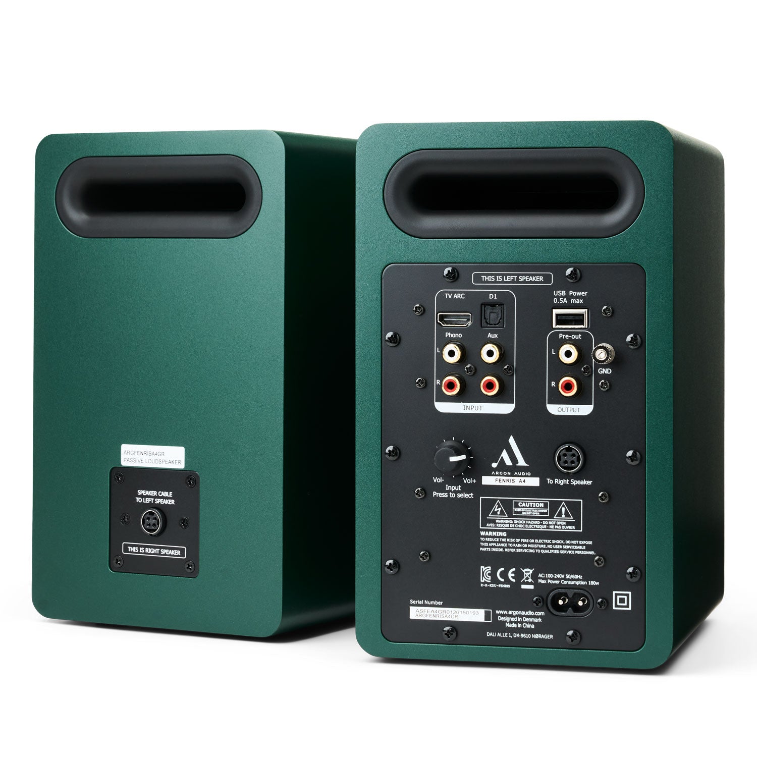 Argon Audio Fenris A4 active bookshelf speakers in Pine Green finish, angled view.