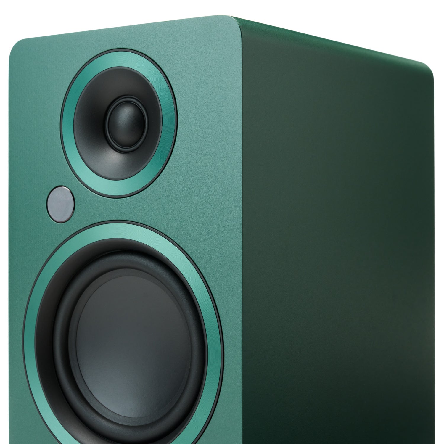 Argon Audio Fenris A4 active bookshelf speakers in Pine Green finish, detail view.