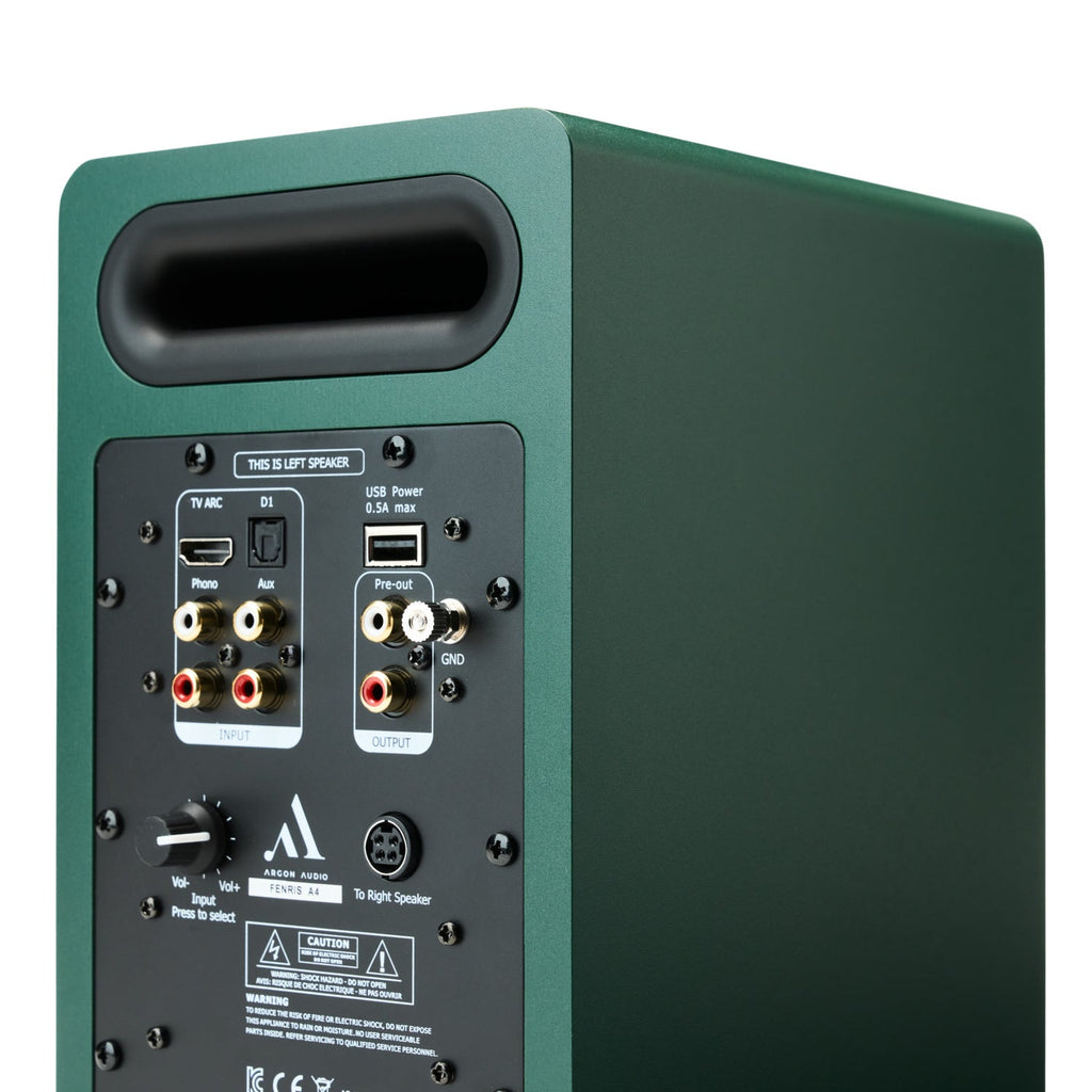 Argon Audio Fenris A4 active bookshelf speakers in Pine Green finish, lifestyle view.