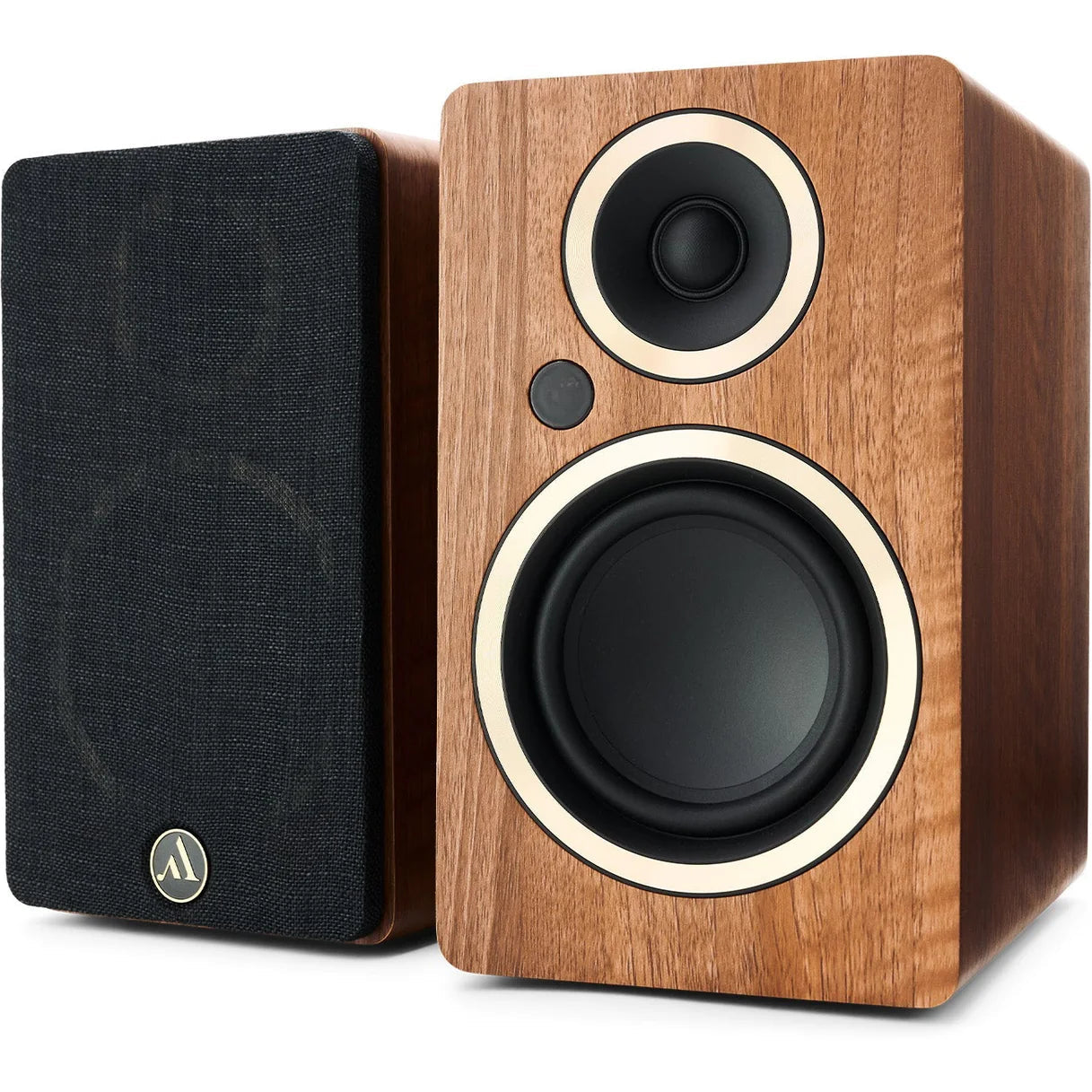 Argon Audio Fenris A4 active bookshelf speakers with wood finish and modern design, showcasing front grille and speaker drivers.