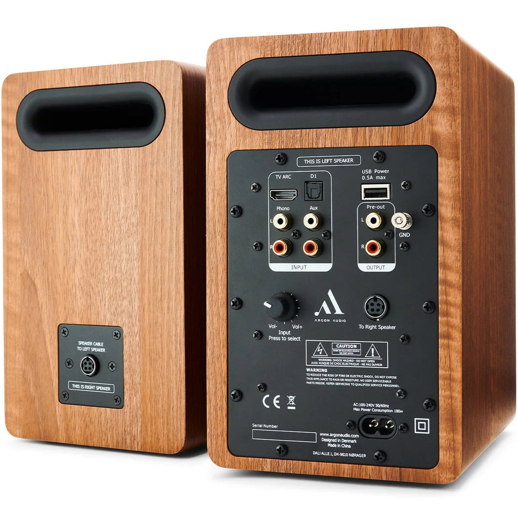 Argon Audio Fenris A4 active bookshelf speakers with black finish, showing their front view with speaker grille and control knobs.