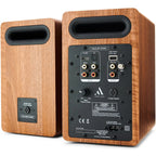 Argon Audio Fenris A4 active bookshelf speakers with black finish, showing their front view with speaker grille and control knobs.