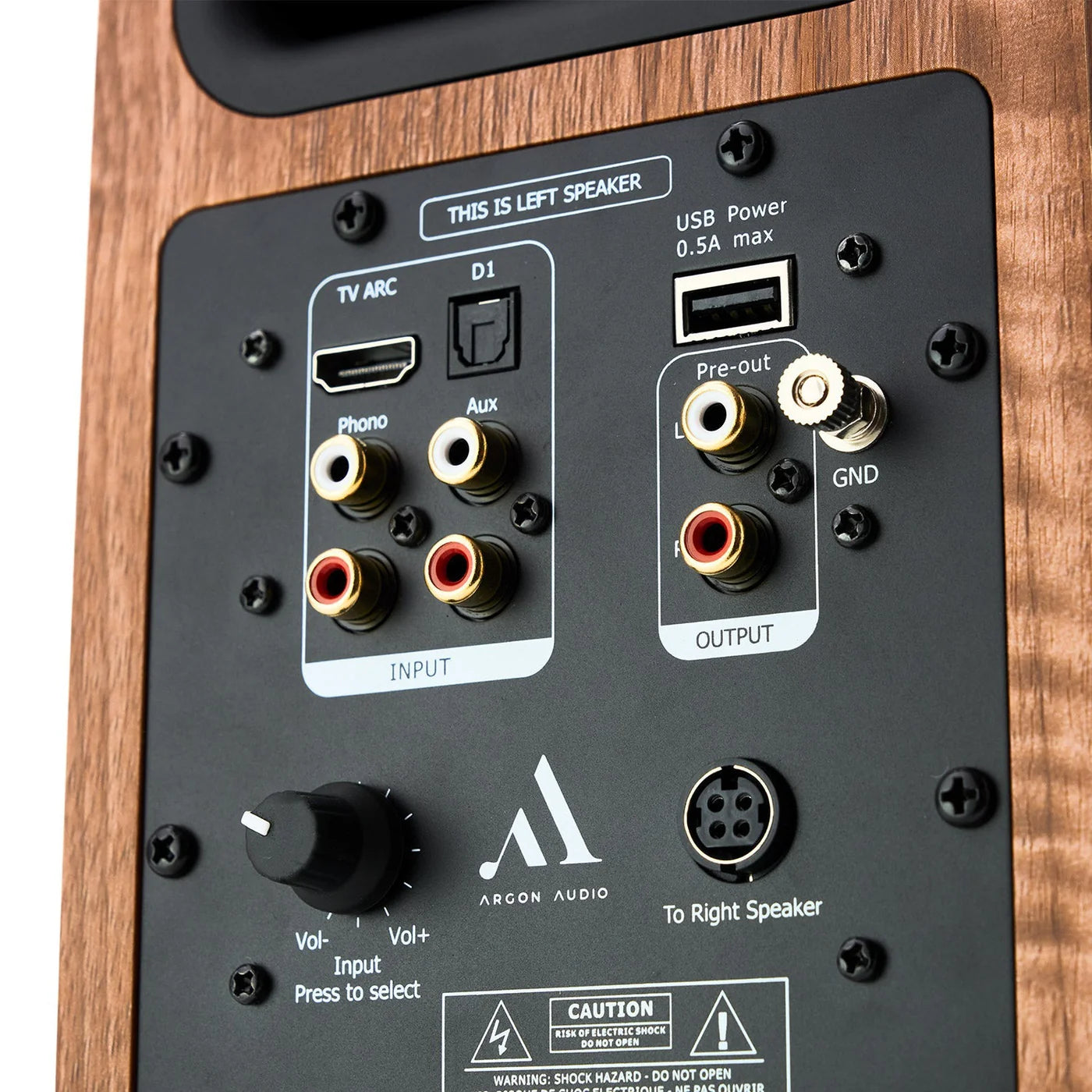Argon Audio Fenris A4 active bookshelf speakers with black finish and sleek design, showing front view with speaker grille and controls
