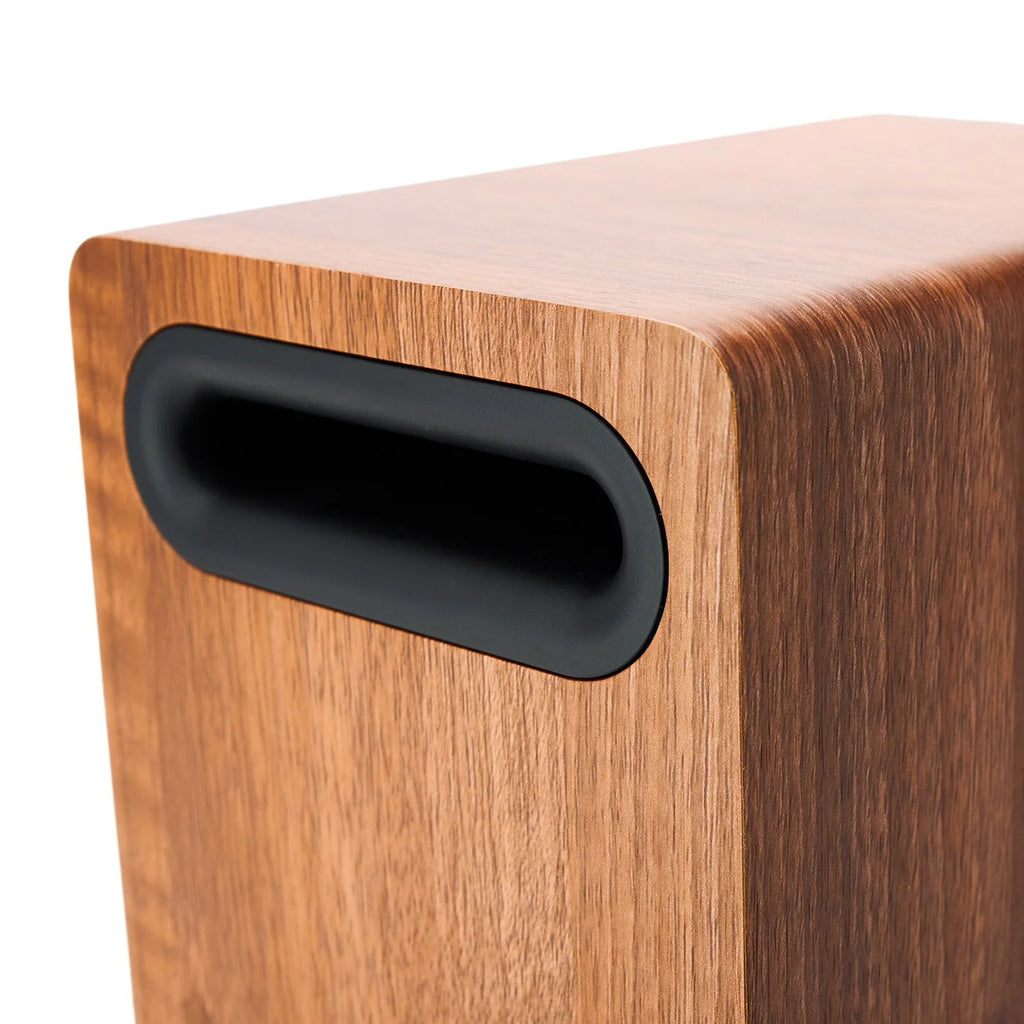 Argon Audio Fenris A4 active bookshelf speakers with wood finish and sleek design, ideal for high-quality audio playback.