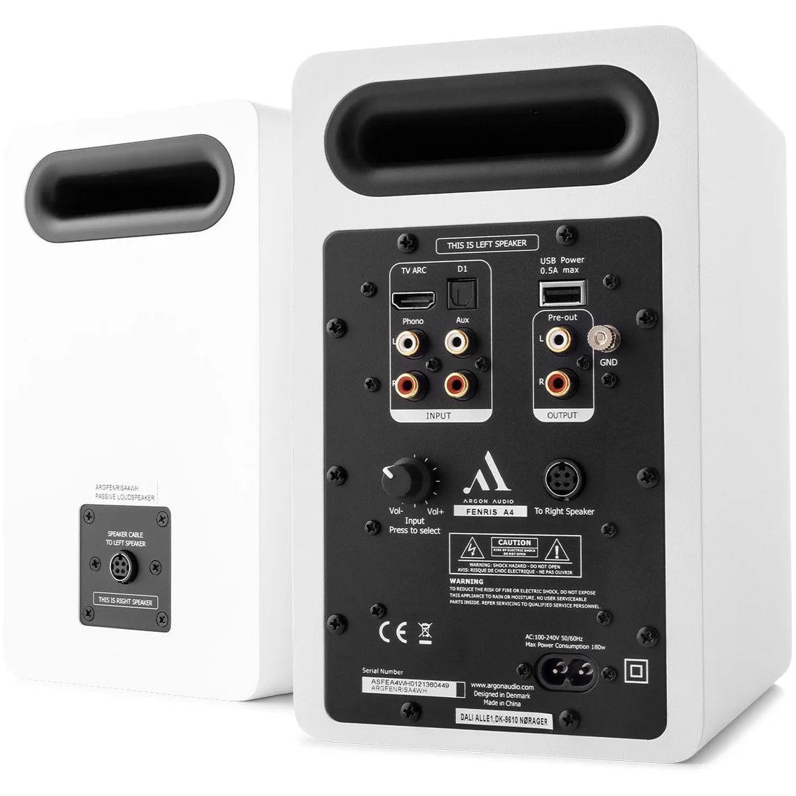 Argon Audio Fenris A4 active bookshelf speakers with white finish, featuring sleek design and dual speaker drivers.