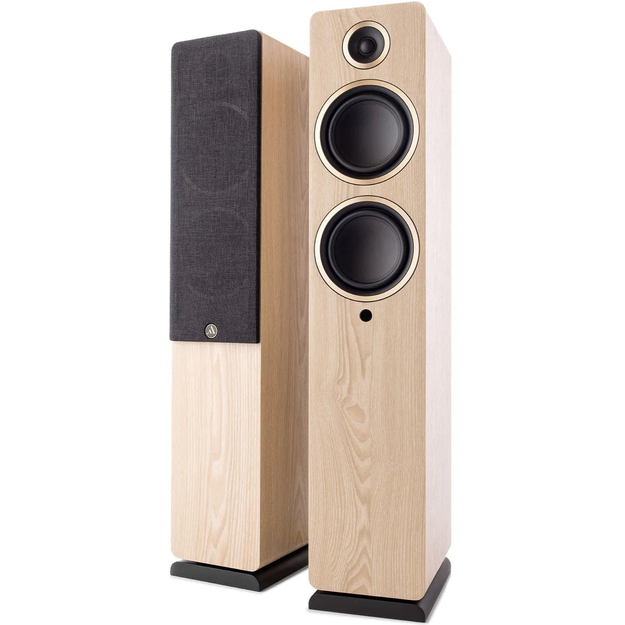 Argon Audio Fenris A55 floorstanding speakers with black and silver finish, showing their tall, sleek design and multiple speaker drivers.