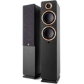 Argon Audio Fenris A55 floorstanding speakers in black with sleek wood finish, showcasing their tall, modern design for high-quality sound.