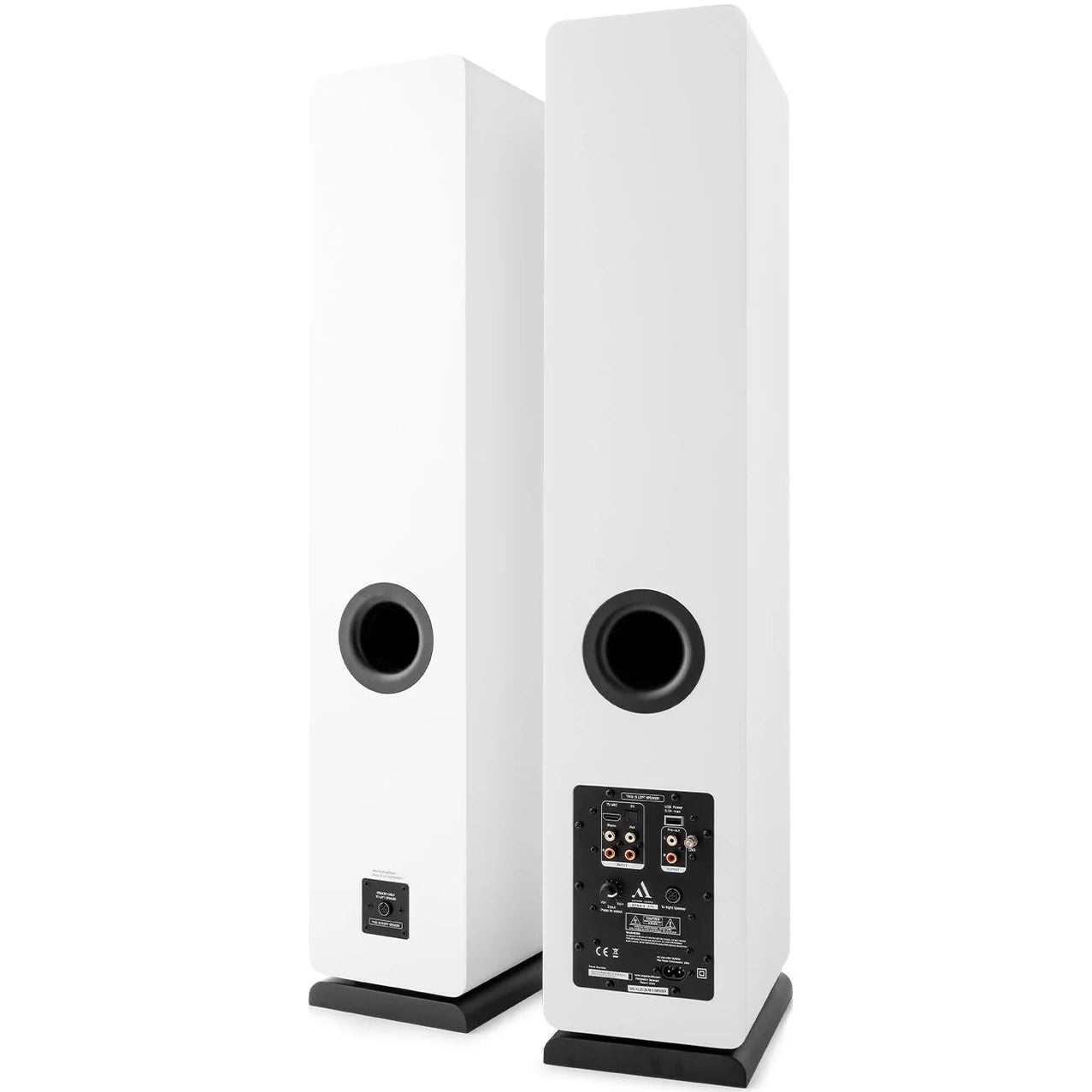 Argon Audio Fenris A55 floorstanding speakers with sleek white finish and dual woofers, designed for high-quality home audio.