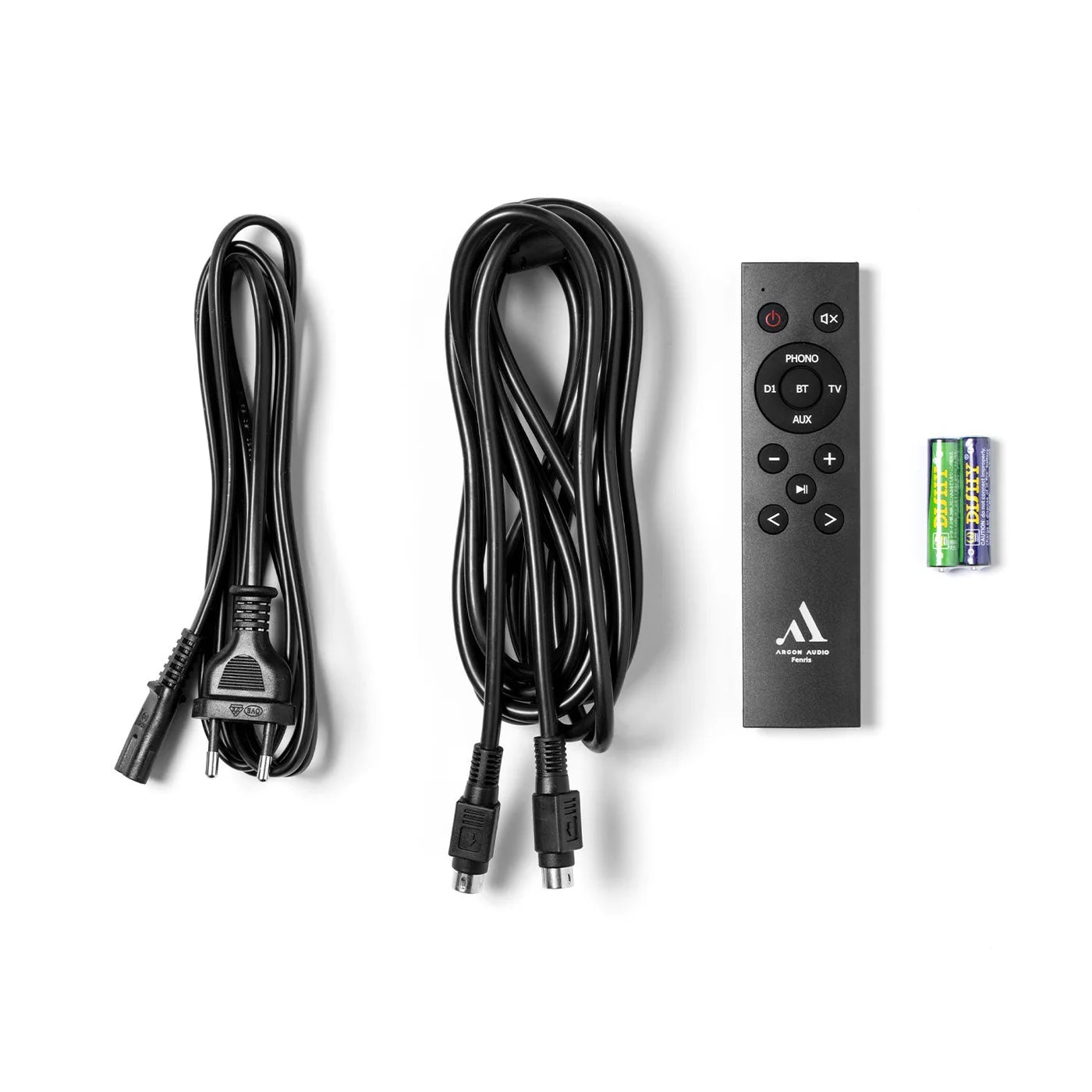 Argon Audio Fenris A4 active bookshelf speakers with connecting cables, showcasing sleek black design and audio output ports.