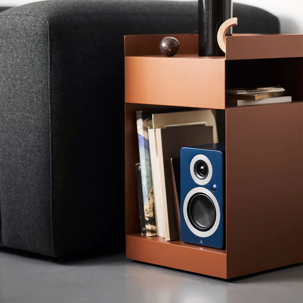 Argon Audio Forte A4 WiFi active bookshelf speakers with black wood finish, showcasing modern design and speaker drivers.