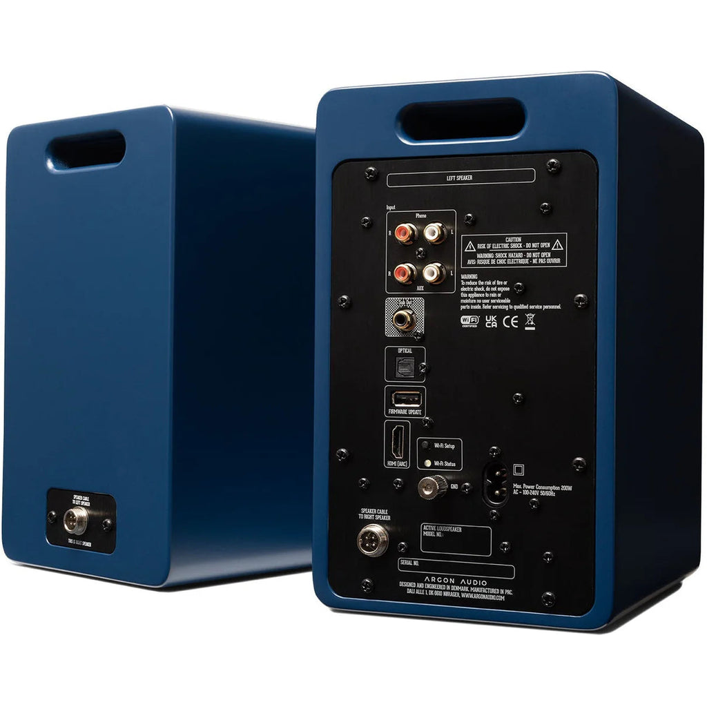 Argon Audio Forte A4 WiFi active bookshelf speakers shown in black with front grille and control buttons visible.