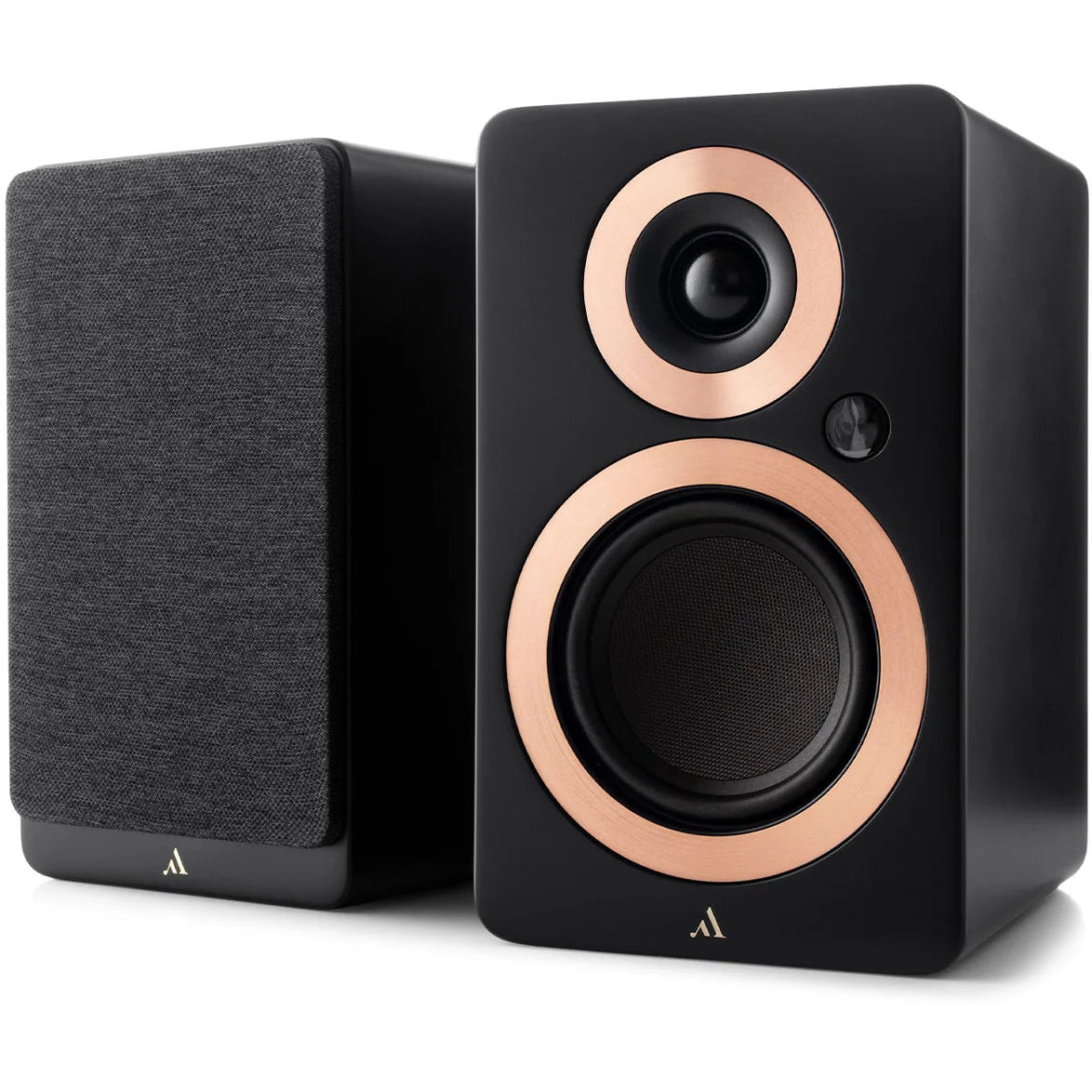 Argon Audio Forte A4 MK2 active bookshelf speakers in black with sleek design and speaker drivers visible in the image.