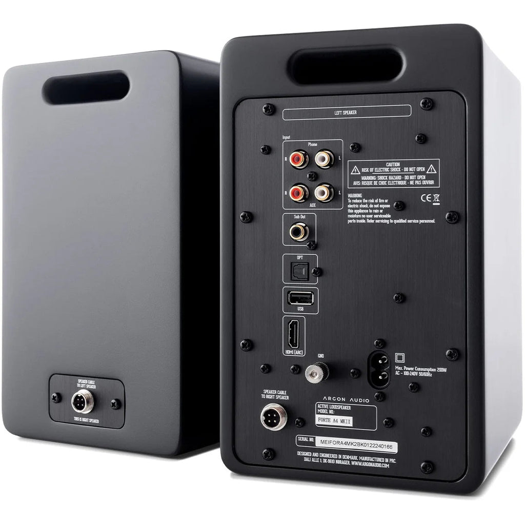 Black Argon Audio Forte A4 MK2 active bookshelf speakers with wooden finish and modern design.
