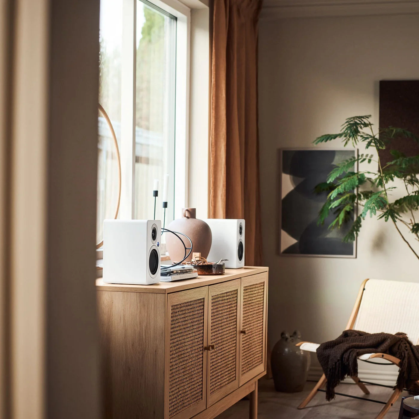 Argon Audio Forte A5 WiFi active bookshelf speakers in white, showing the sleek design and front speaker grille.