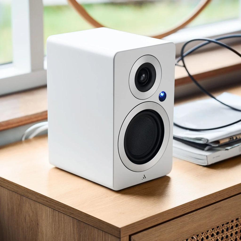 Argon Audio Forte A5 WiFi active bookshelf speakers with white finish, featuring dual speaker drivers and sleek modern design.