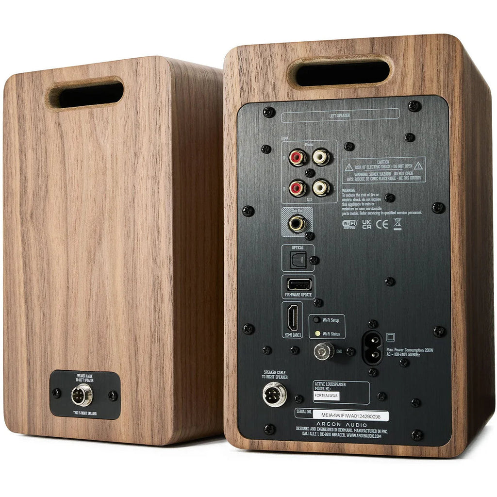 Argon Audio Forte A4 WiFi active bookshelf speakers showing sleek black design with speaker grilles and control knobs.