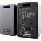 Argon Audio Forte A4 WiFi active bookshelf speakers with black finish, showing front view with speaker grille and control panel.