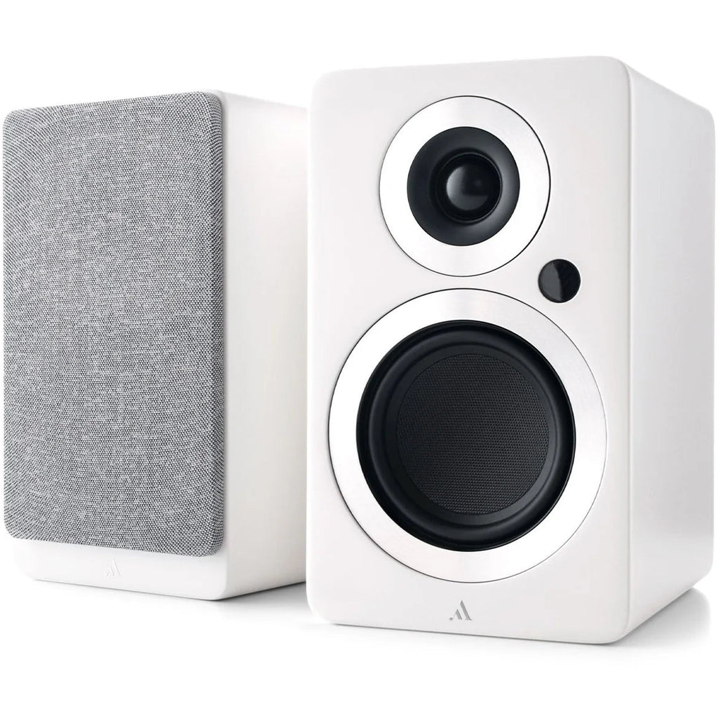 Argon Audio Forte A4 WiFi active bookshelf speakers with sleek white finish and modern design, shown from front angle.