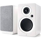 Argon Audio Forte A4 WiFi active bookshelf speakers with sleek white finish and modern design, shown from front angle.