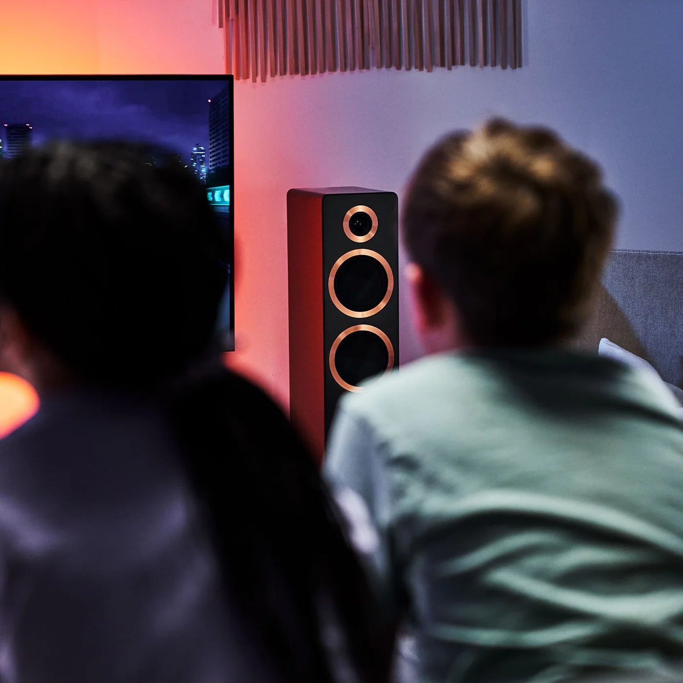 Black Argon Audio Forte A55 MK2 floorstanding speakers with sleek design and dual drivers, ideal for high-quality home audio.