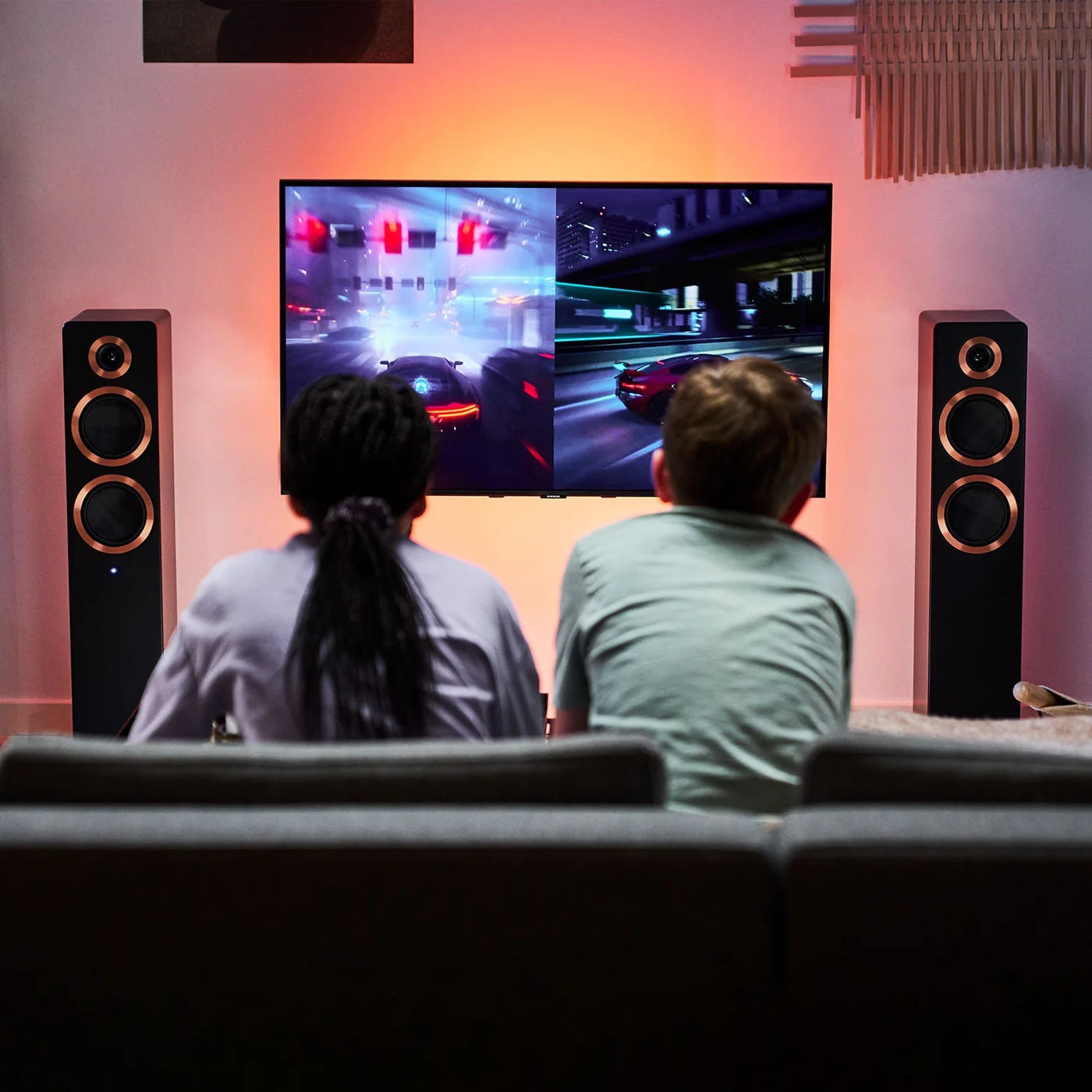 Black Argon Audio Forte A55 MK2 floorstanding speakers with sleek design and wood-grain finish, showcasing their modern, high-quality build.