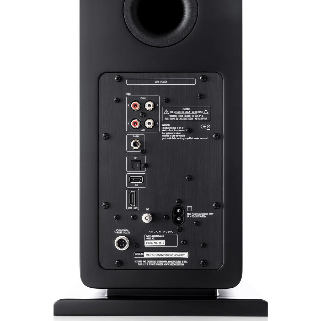 Argon Audio Forte A55 MK2 floorstanding speakers in black with sleek design and speaker grille covering, showcasing high-quality audio equipment.