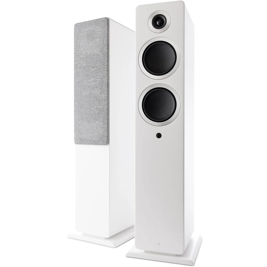 Argon Audio Forte A55 MK2 floorstanding speakers with sleek white finish, showcasing the modern design and driver configuration.