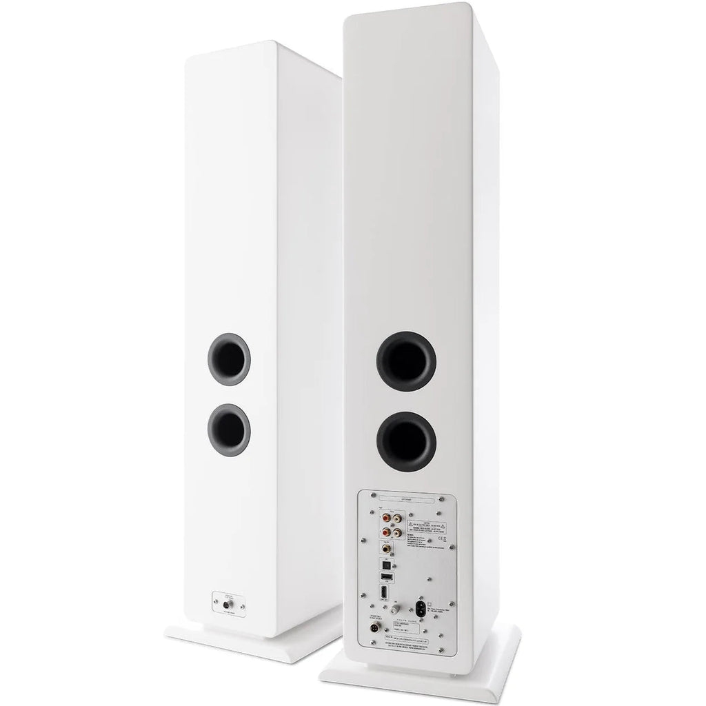 Argon Audio Forte A55 MK2 floorstanding speakers with white finish, showcasing sleek design and detailed speaker drivers.