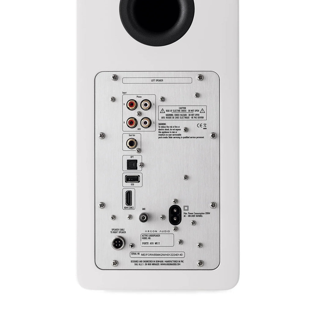 Argon Audio Forte A55 MK2 floorstanding speakers with sleek white finish and dual drivers for high-quality sound.