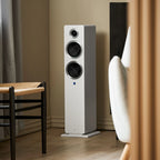 Argon Audio Forte A55 WiFi floorstanding speakers with white finish, tall speaker cabinets, and sleek modern design.