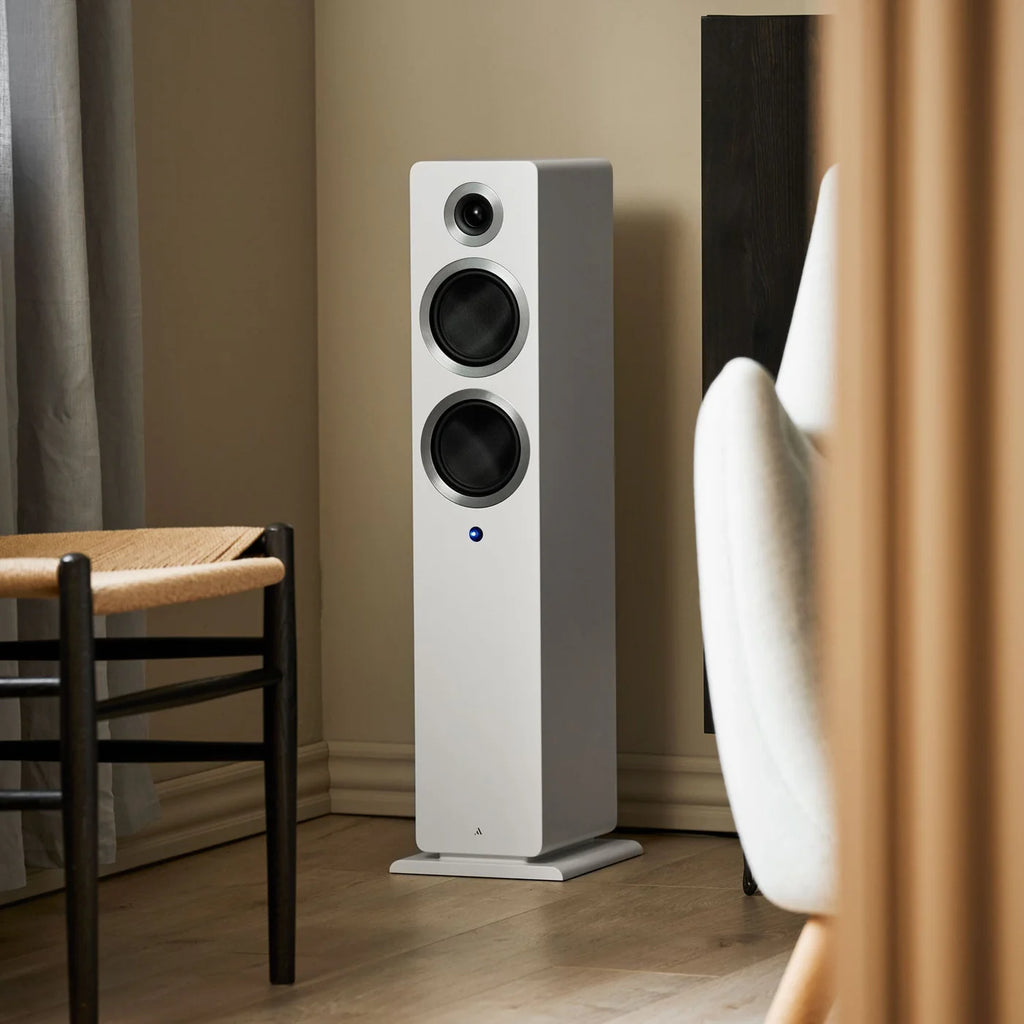 Argon Audio Forte A55 MK2 floorstanding speakers with white finish, sleek design, and dual drivers for high-quality sound.