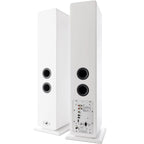 Argon Audio Forte A55 WiFi floorstanding speakers with white finish, showcasing sleek tall speaker design and modern audio equipment.