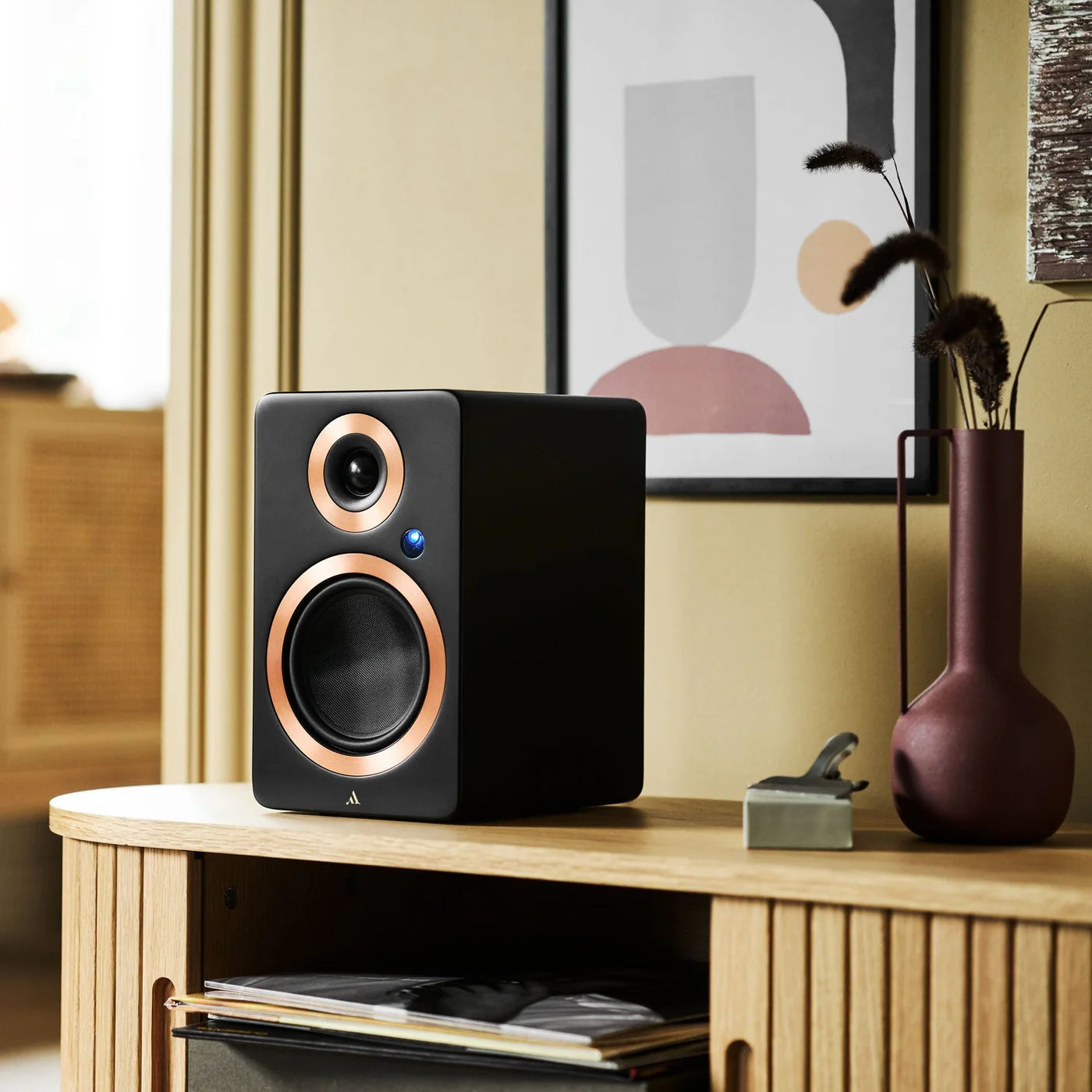 Argon Audio Forte A4 WiFi active bookshelf speakers with black finish, showcasing their sleek design and front speaker grills.