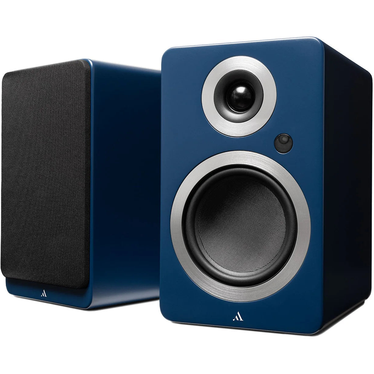 Argon Audio Forte A5 WiFi active bookshelf speakers with black finish and modern design on a wooden surface.