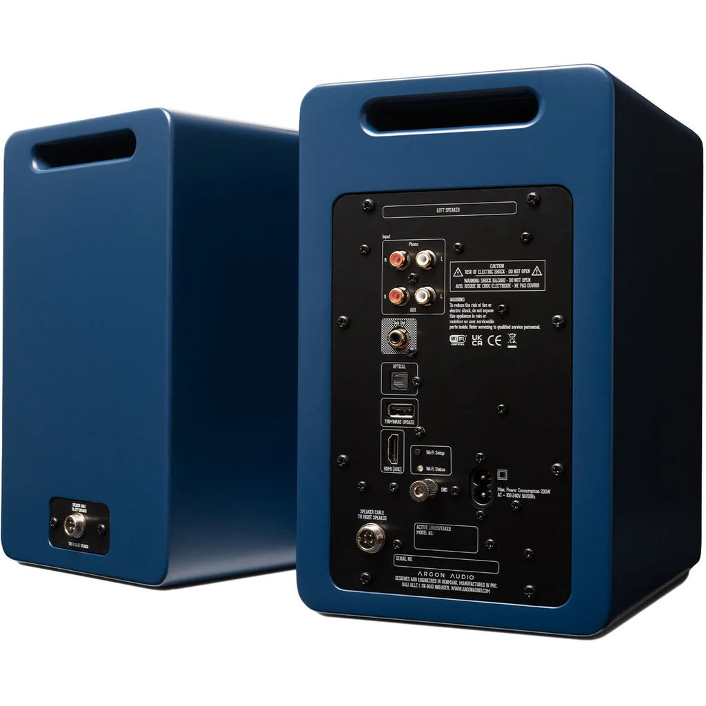 Argon Audio Forte A5 WiFi active bookshelf speakers with black wood finish and modern design, showcasing the front view.