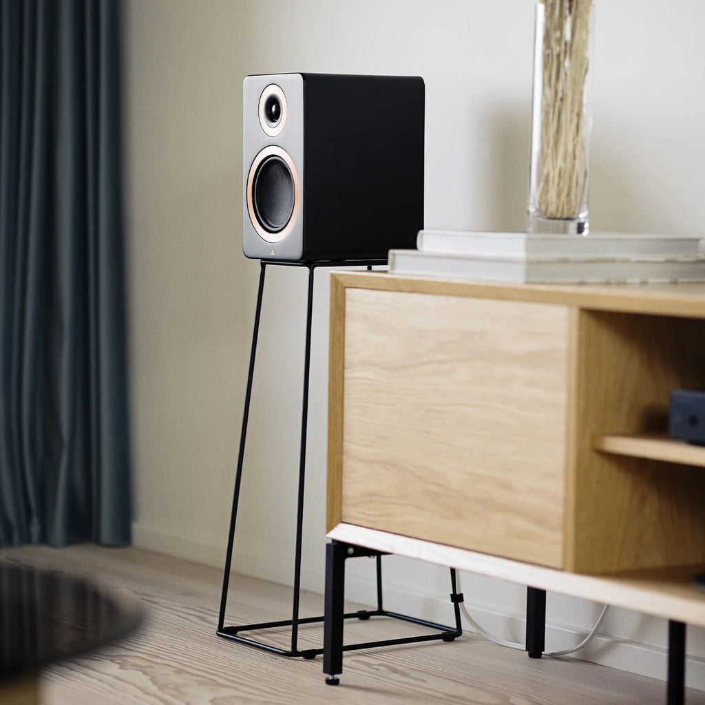 Black Argon Audio Forte A5 MK2 active bookshelf speakers with sleek design and front-facing controls.