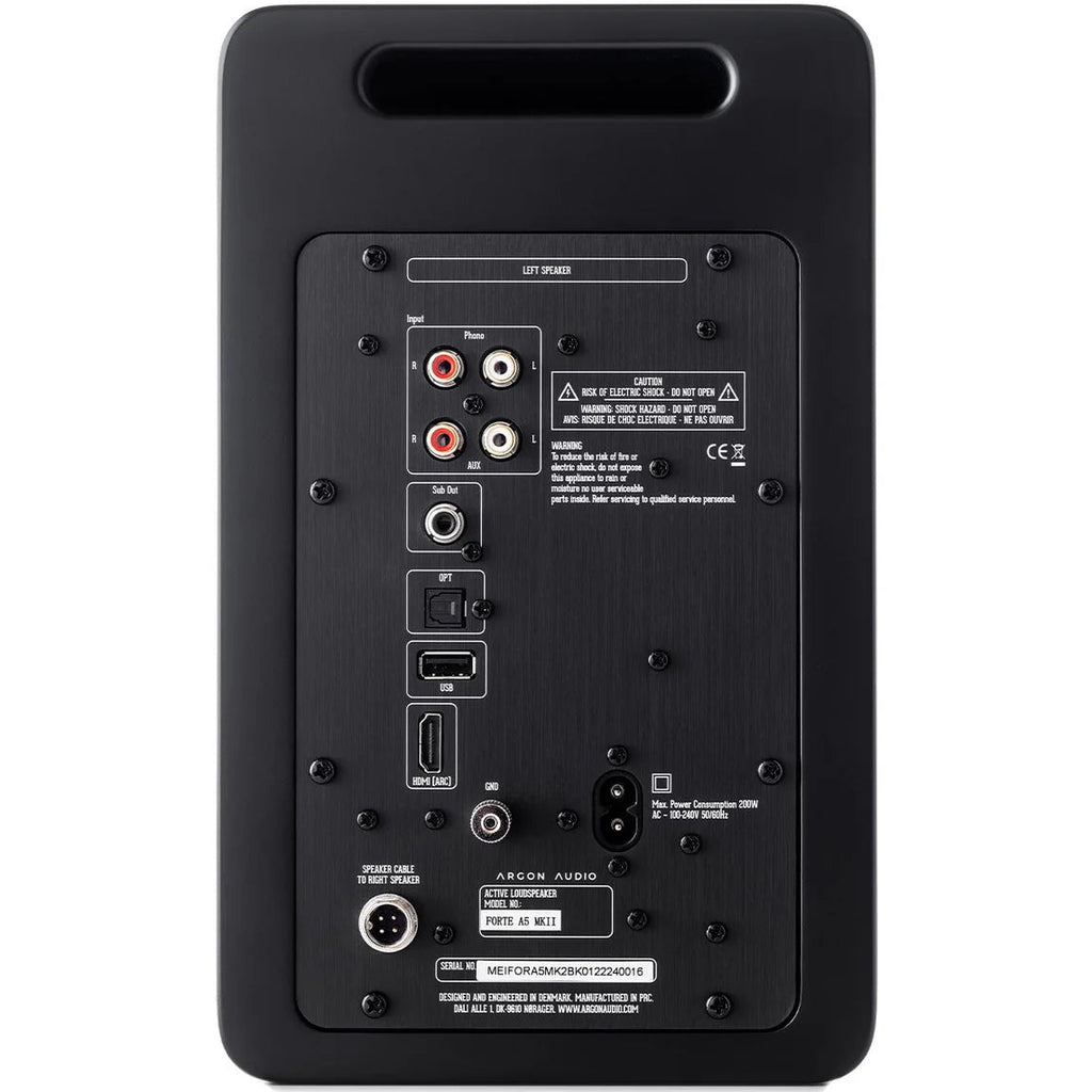 Black Argon Audio Forte A5 MK2 active bookshelf speakers with sleek design and front-facing drivers.
