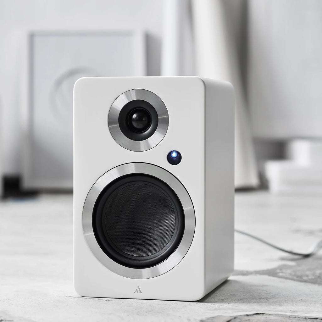 Argon Audio Forte A5 MK2 active bookshelf speakers with white finish, featuring sleek design and front-facing controls.